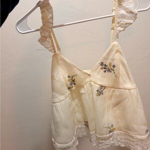 Cream Floral Embroidered Lace-Trim Cami Top